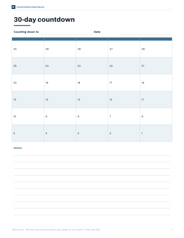 Preview of Printable 30-Day Countdown
